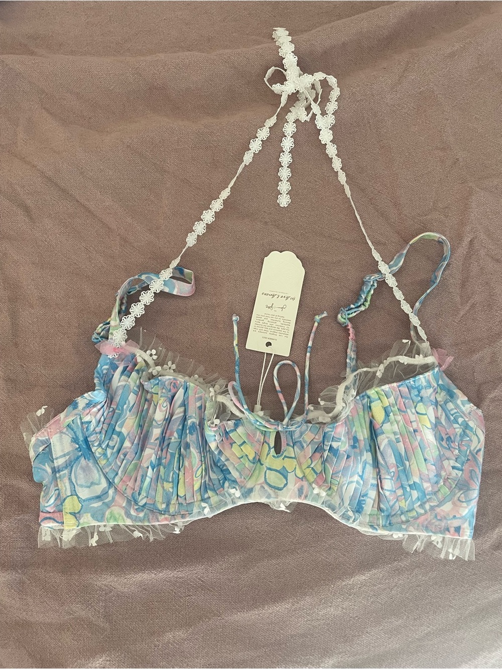 For Love And Lemons Pastel Blue & Pink Printed Lace-Trim Bralette